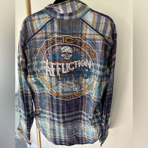 Affliction Men's Casual Plaid Shirt - Blue and Purple - Picture 5 of 5